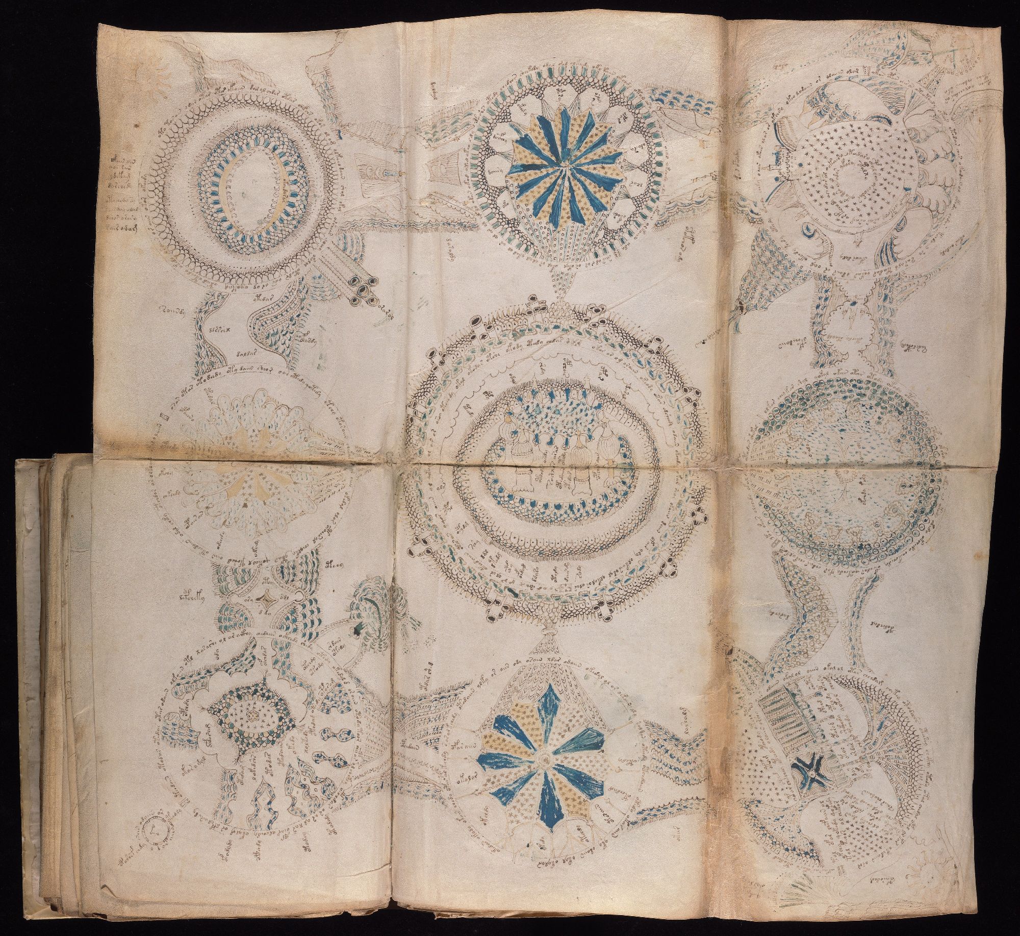 Beinecke MS 408, folios 85v–86r — the rosettes foldout.